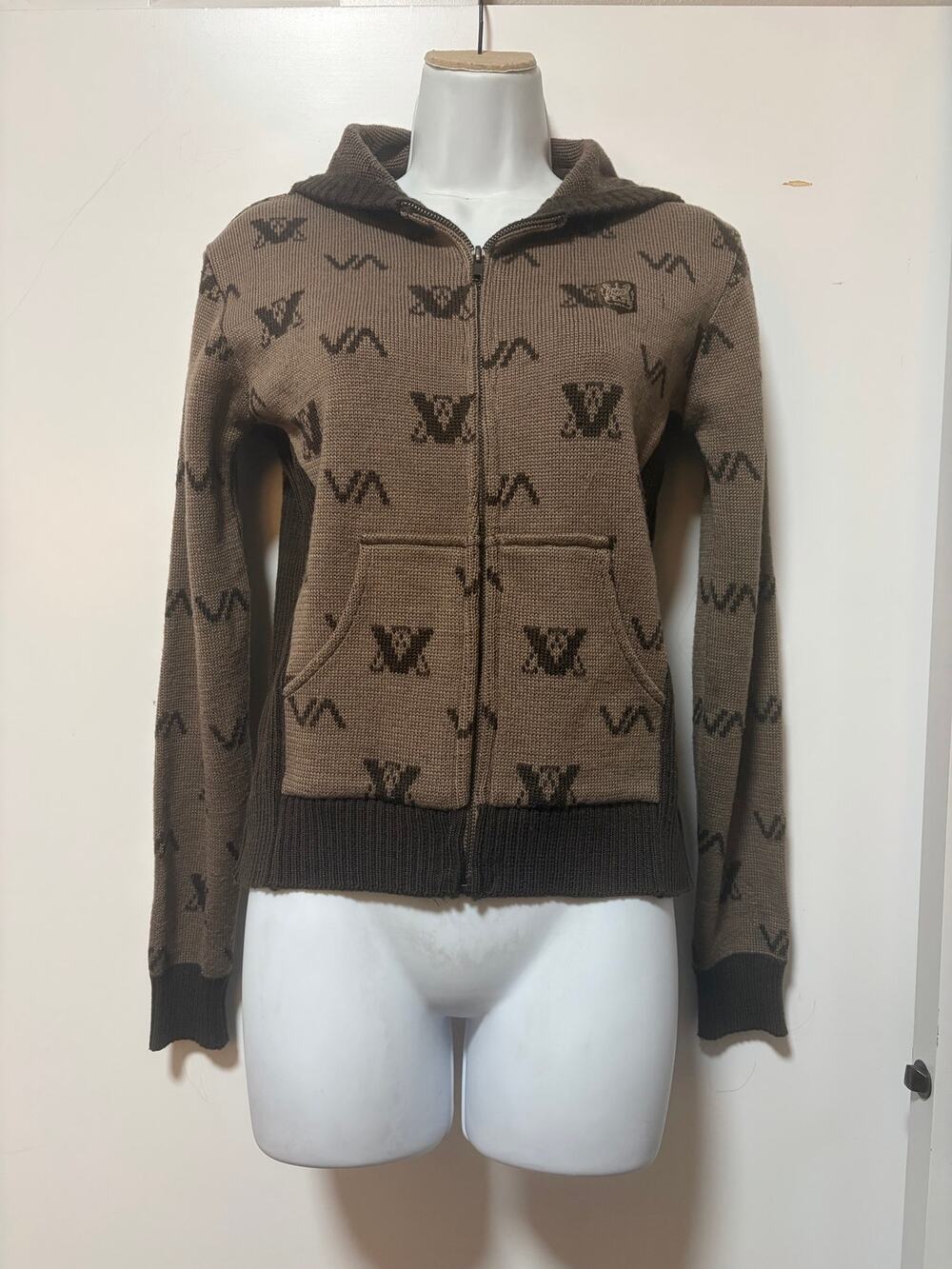 RVCA Full Zip Knit Hoodie Sweater Brown Logo Print Elbow Patches Women’s S/XS